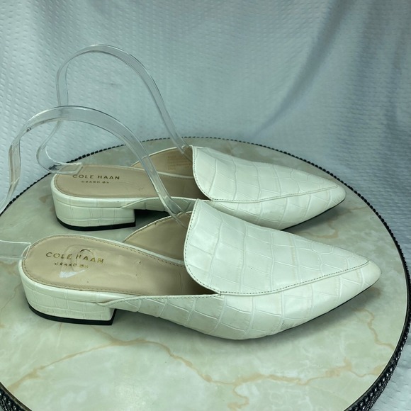 Cole Haan Shoes - Cole Haan Grand.OS Croc Embossed Leather Pointed Toe Mules Womens 9 Ivory Flats